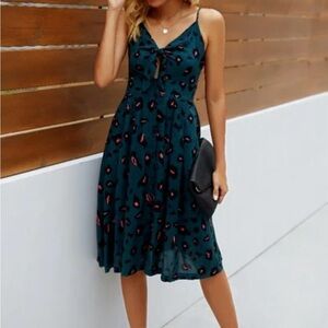 Ecowish Teal Leopard Midi Dress – XL, Tie Front Bust w/ Keyhole Detail